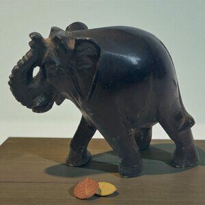Hand-Carved Black Stone Elephant Figurine 3" Tall Decorative Accent Collectible